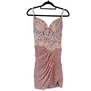 Blush Pink Sequin Lace Corset Mini Dress Homecoming Prom Ruched Size 8